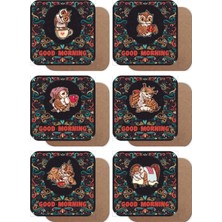 Major Selection Kahve Içen Sevimli Baykuşlar 6lı Ahşap Bardak Altlığı Seti