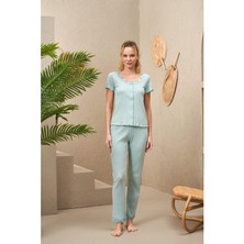 Pjs 25192 Kadın Yuvarlak Yaka Düğmeli Dantel Detaylı Pijama Takım