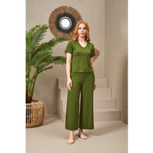 Pjs 25109 Kadın V Yaka Kısa Kollu Bol Paçalı Pijama Takım