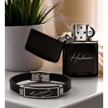 Bk Gift Kişiye Özel Isimli Siyah Benzinli Metal Çakmak ve Atatürk Imzalı Deri Erkek Bileklik Hediye Seti, Arkadaşa, Sevgiliye Hediye, Atatürk Temalı Hediye, Erkek Aksesuar Seti
