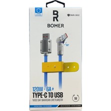 BOMER 3802 120W 6A MAVİ RENK TYPE C to USB 180 DERECE DÖNER BAŞLI IŞIKLI ŞARJ VE DATA KABLOSU