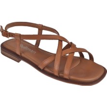 Pullman Hakiki Deri Düz Taban Kadın Sandalet BEL-16213   TABA