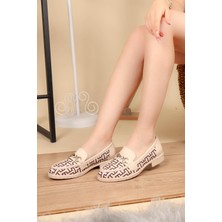 Birikon Cilt Garnili Baskılı Loafer Krem