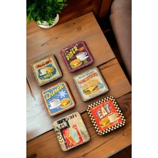 Major Selection Route 66 Lokanta Kahve Hamburger Temalı Retro 6lı Ahşap Bardak Altlığı Seti