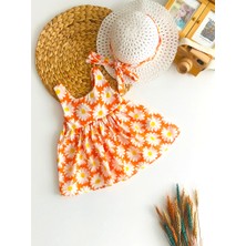 Derin Bebe Neşeli Bebekler Çiçek Baskılı Sırtında Fiyonk Detaylı Şapkalı Elbise Turuncu