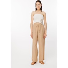 Accort Beli Lastikli ve Geniş Paça Keten Pantolon - Camel