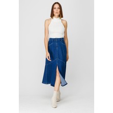 Accort Ön Yırtmaçlı Denim Etek - Mavi