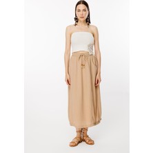 Accort Beli ve Eteği Lastik Detaylı Keten Etek-CAMEL