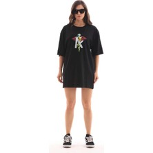 Tarz Yeri Unisex Bisiklet Yaka Baskılı Oversize T-Shirt - Siyah