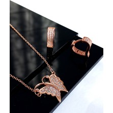 925 Ayar Gümüş Zirkon Taşlı Gold Kelebek Tasarım Kolye Kalp Küpe Trend Kadın Set