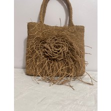 Merut Style El Örgüsü Kağıt Ip Hasır Gül Detaylı Astarlı Günlük ve Plaj Kadın Omuz Çantası