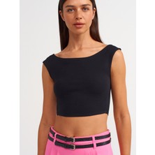 Dilvin 20869 Kayık Yaka Crop Top-Siyah