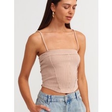 Dilvin 20794 Askılı Crop Top-Bej