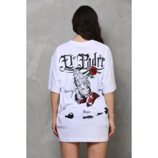 Alinn Butikk Unisex Bisiklet Yaka Baskılı Oversize T-Shirt - Beyaz