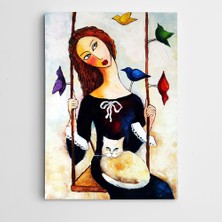Dekolata Salıncak Kedi ve Kuşlar Modern Sanat Kanvas Tablo