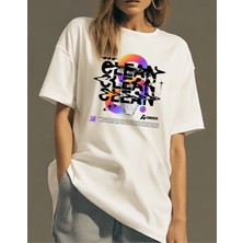 Gannhers Clean Baskılı Beyaz Oversize T-Shirt %100 Pamuklu Unisex Tişört