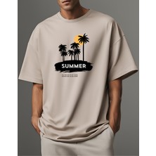 Gannhers Summer Palm Baskılı Taş Rengi Unisex T-Shirt %100 Pamuklu Tişört