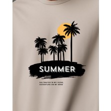 Gannhers Summer Palm Baskılı Taş Rengi Unisex T-Shirt %100 Pamuklu Tişört