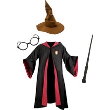 Toyfest Harry Potter Gryffindor Kapişonlu Cübbe Çocuk Boy + Orjinal Keçeli Şapka + Asa + Gözlük 4 Parça Set 10-11 Yaş