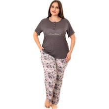 Quilling Füme Renk ve Çiçek Desenli Lady 10969 Kadın Kısa Kol Büyük Beden Pijama Takımı