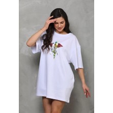 Stock Mount Unisex Bisiklet Yaka Baskılı Oversize T-Shirt - Beyaz