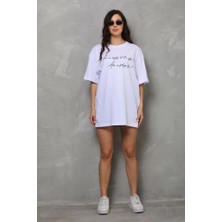 Stock Mount Unisex Bisiklet Yaka Baskılı Oversize T-Shirt - Beyaz