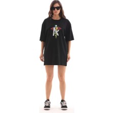 Stock Mount Unisex Bisiklet Yaka Baskılı Oversize T-Shirt - Siyah