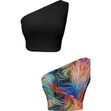 Due Stelle Çift Taraflı Kadın Tek Omuz Desenli Crop Bluz Siyah - Soyut