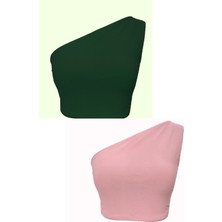 Due Stelle Çift Taraflı Kadın Tek Omuz Crop Bluz Yeşil - Pudra