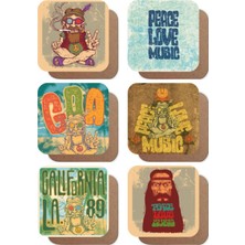 Major Selection Hippi Baba Barış Müzik Aşk Temalı 6 Lı Retro Ahşap Bardak Altlığı Seti