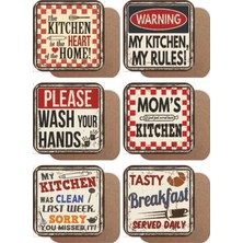 Major Selection Mutfak Temalı Retro 6lı Ahşap Bardak Altlığı Seti