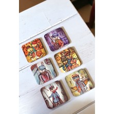 Major Selection Müzisyen Kediler Illustrasyonları 6lı Ahşap Bardak Altlığı Seti