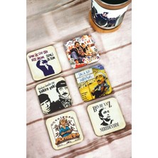 Major Selection Yeşilçam Temalı 6 Adet Retro Ahşap Bardak Atlığı Seti