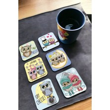 Major Selection Aşık Baykuşlar 6'lı Ahşap Bardak Atlığı Seti