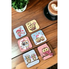 Major Selection Sevimli Baykuşlar 6'lı Ahşap Bardak Altlığı Seti