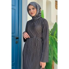 Bym Fashion Saten Piliseli Elbise 3897 Füme