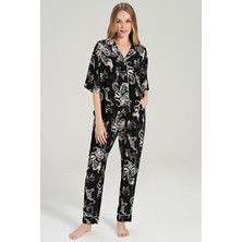 Kadın Kısa Kol Önden Düğmeli Dokuma Siyah Pijama Takım C0T1N0O5
