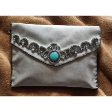 Mavi  Boncuk Işlemeli Kadın Portföy Clutch El ve Kol Çantası
