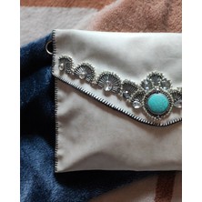 Mavi  Boncuk Işlemeli Kadın Portföy Clutch El ve Kol Çantası