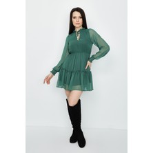 Select Moda Kadın Balon Kollu Fırfırlı Şifon Elbise