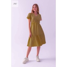 Moda Wiser Kadın Kruvaze Yaka Kolları Volanlı Beli Kuşaklı Midi Elbise Yeşil