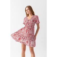 Moda Wiser Kadın Önü Büzgülü Desenli Yandan Fermuarlı Mini Elbise Kırmızı
