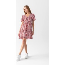 Moda Wiser Kadın Önü Büzgülü Desenli Yandan Fermuarlı Mini Elbise Kırmızı