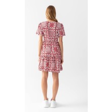 Moda Wiser Kadın Önü Büzgülü Desenli Yandan Fermuarlı Mini Elbise Kırmızı