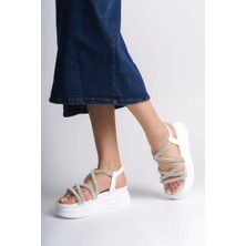 Cihan Shoes Taşlı Yüksek Tabanlı Kadın Platform Sandalet Beyaz