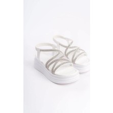 Cihan Shoes Taşlı Yüksek Tabanlı Kadın Platform Sandalet Beyaz
