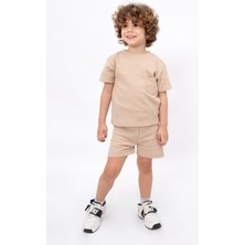 Bubito Waffle Görselli Cep Detaylı Pamuklu Yazlık Bebek Çocuk Şort Takım-Bej