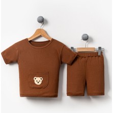 Bubito Ayılı Cep Görselli Yazlık Pamuklu Şort Takım Erkek Çocuk Kahverengi