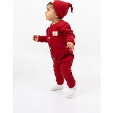 Bubito Tahta Düğme Görselli Şapkalı Şık Bebek Tulum-Kırmızı