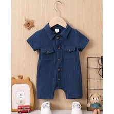 Bubito Unisex Bebek&çocuk  Pamuklu Tahta Düğmeli Cepli Müslin Tulum-Mavi